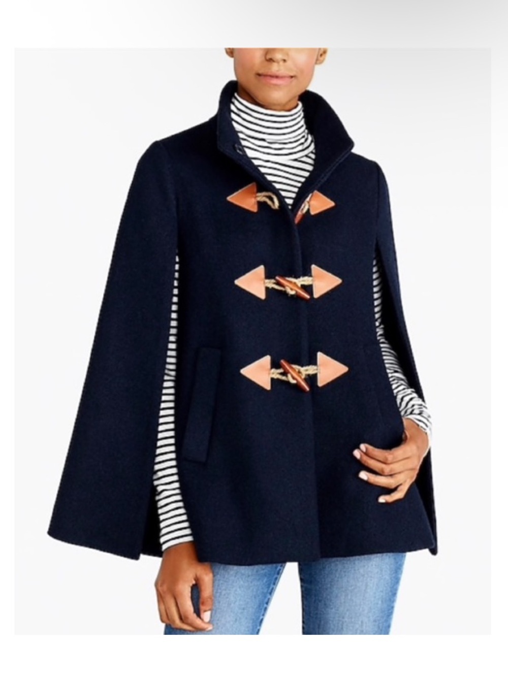 J. Crew Wool Navy Cape Sweater with Tan Toggle Accents